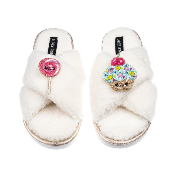 Laines London Laines Boucle Slippers With Laines Lovables Lollipop & Cupcake Brooches