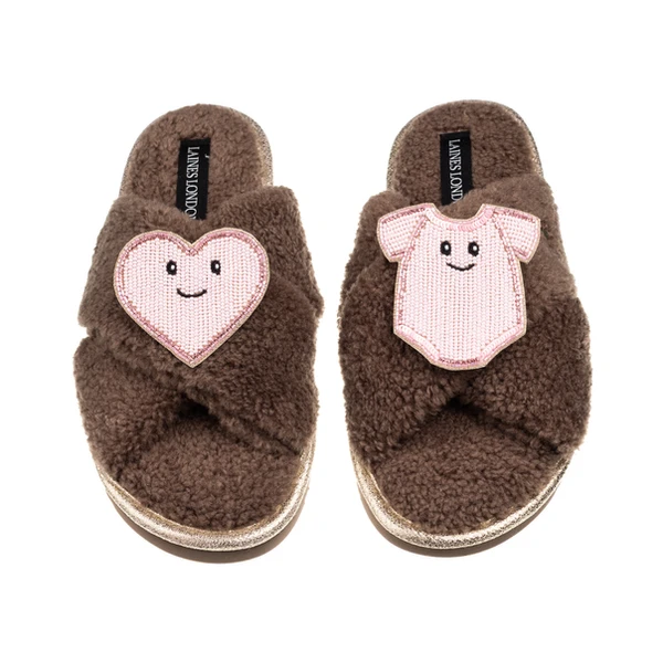 Laines London Laines Boucle Slippers With Laines Lovables Pink Love & Baby Grow Brooches