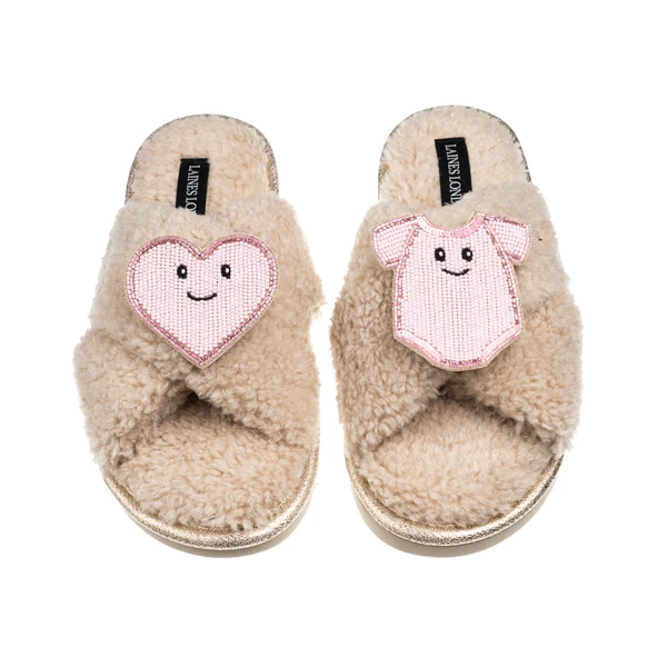 Laines London Laines Boucle Slippers With Laines Lovables Pink Love & Baby Grow Brooches