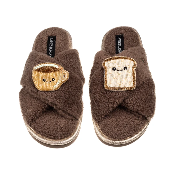 Laines London Laines Boucle Slippers With Laines Lovables Tea & Toast Brooches