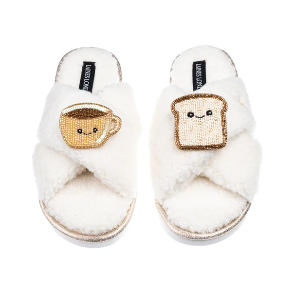 Laines London Laines Boucle Slippers With Laines Lovables Tea & Toast Brooches