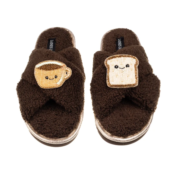 Laines London Laines Boucle Slippers With Laines Lovables Tea & Toast Brooches