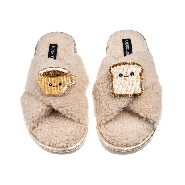 laines london Laines Boucle Slippers With Laines Lovables Tea & Toast Brooches
