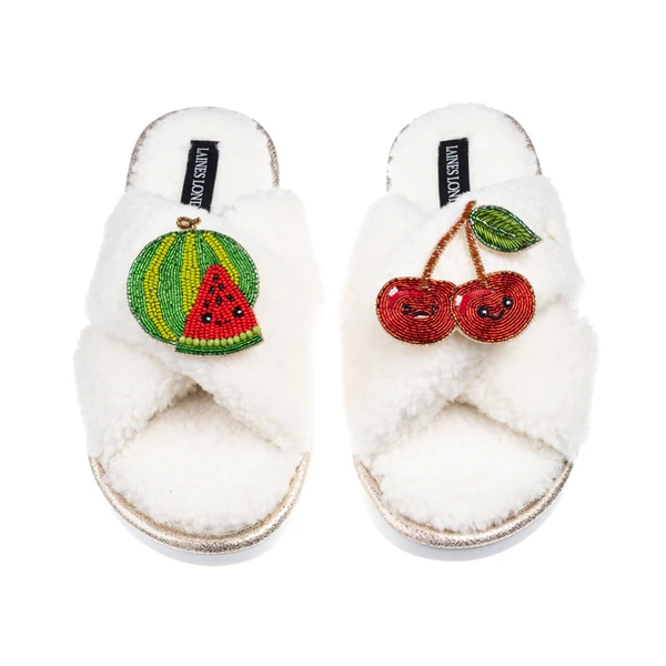 Laines London Laines Boucle Slippers With Laines Lovables Watermelon & Cherry Brooches