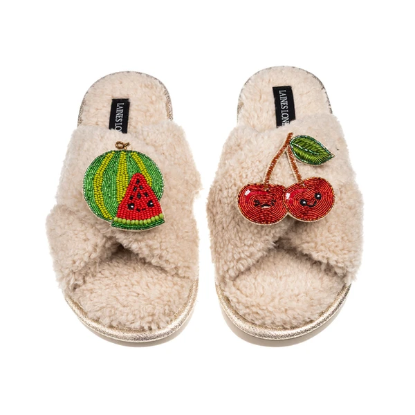 Laines London Laines Boucle Slippers With Laines Lovables Watermelon & Cherry Brooches