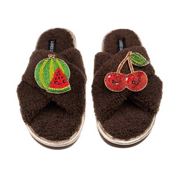 Laines London Laines Boucle Slippers With Laines Lovables Watermelon & Cherry Brooches