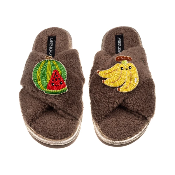 Laines London Laines Boucle Slippers With Laines Lovables Watermelon & Banana Brooches