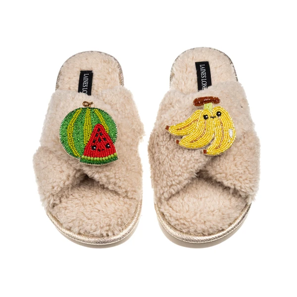 Laines London Laines Boucle Slippers With Laines Lovables Watermelon & Banana Brooches