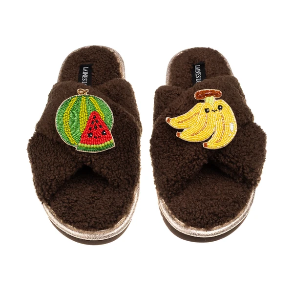 Laines London Laines Boucle Slippers With Laines Lovables Watermelon & Banana Brooches