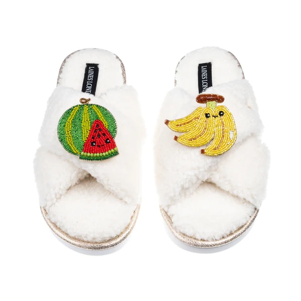 laines london Laines Boucle Slippers With Laines Lovables Watermelon & Banana Brooches