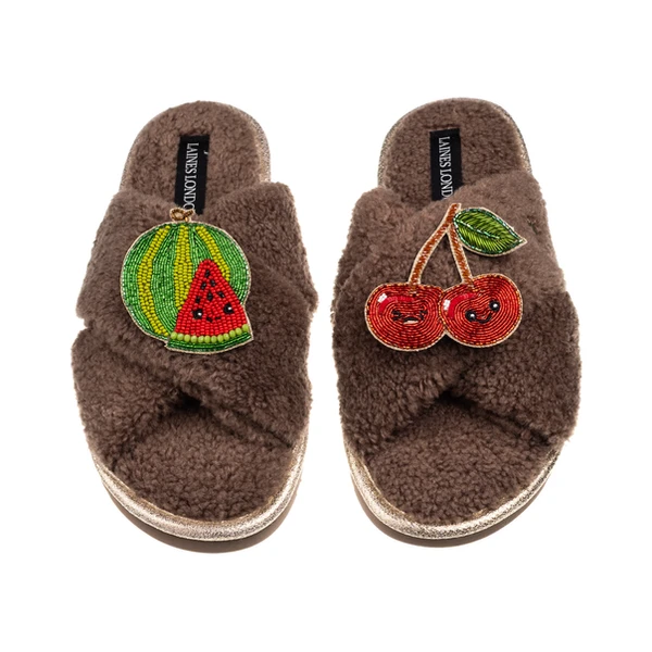 laines london Laines Boucle Slippers With Laines Lovables Watermelon & Cherry Brooches