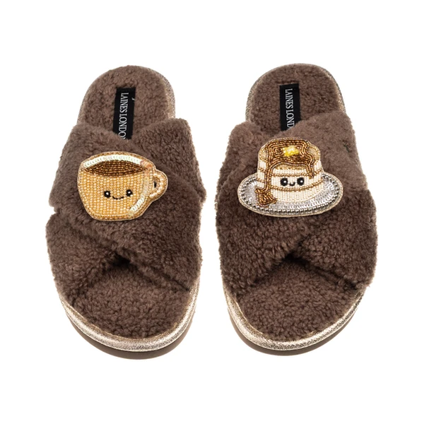 Laines London Laines Boucle Slippers With Laines Lovebles Coffee & Pancake Brooches