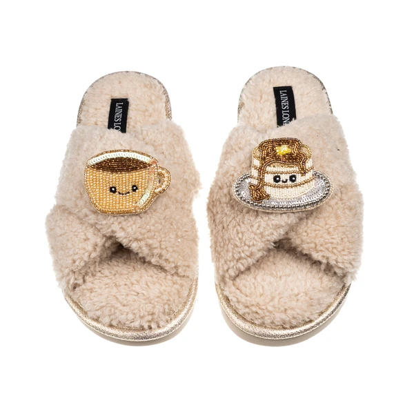 Laines London Laines Boucle Slippers With Laines Lovebles Coffee & Pancake Brooches