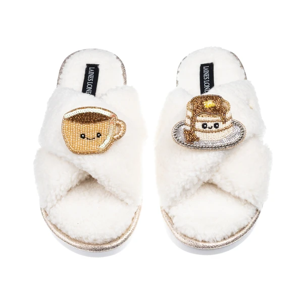 Laines London Laines Boucle Slippers With Laines Lovebles Coffee & Pancake Brooches