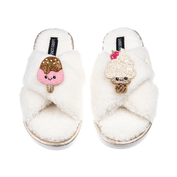 Laines London Laines Boucle Slippers With Laines Lovebles Ice Lolly & Ice Cream Brooches
