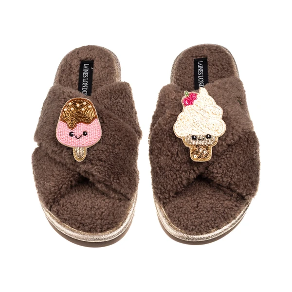 Laines London Laines Boucle Slippers With Laines Lovebles Ice Lolly & Ice Cream Brooches