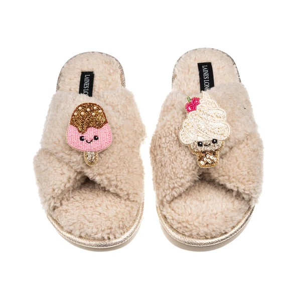 Laines London Laines Boucle Slippers With Laines Lovebles Ice Lolly & Ice Cream Brooches