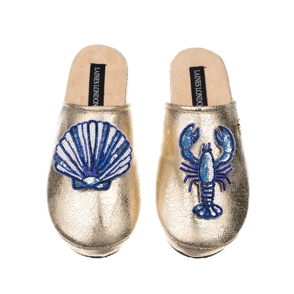 laines london Laines Gold Softie Slippers With Mediterranean Blue Shell & Lobster Brooches
