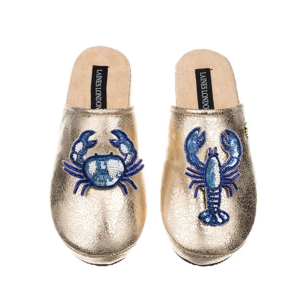 laines london Laines Gold Softie Slippers With Mediterranean Blue Crab & Lobster Brooches