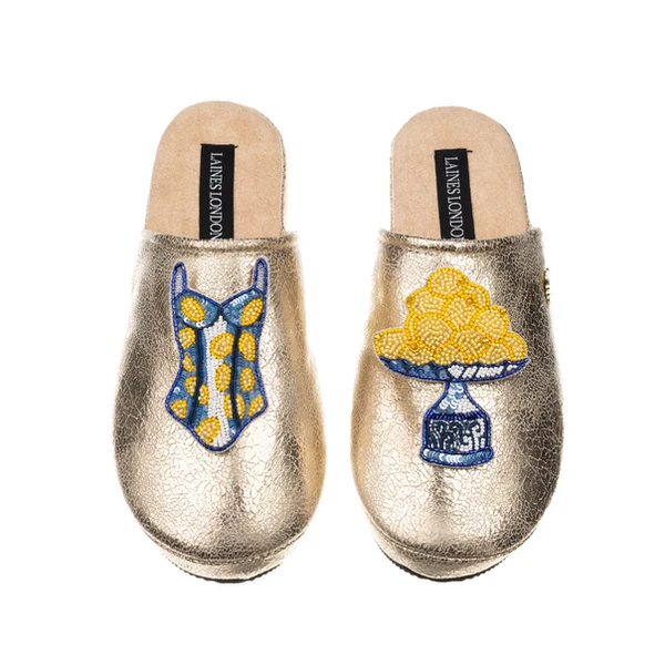 Laines London Laines Gold Softie Slippers With Mediterranean Swimming Costume & Lemon Brooches
