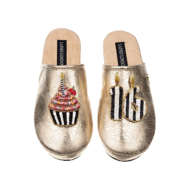 Laines London Laines Gold Softie Slippers With Stripe 16TH Birthday & Cake Brooches