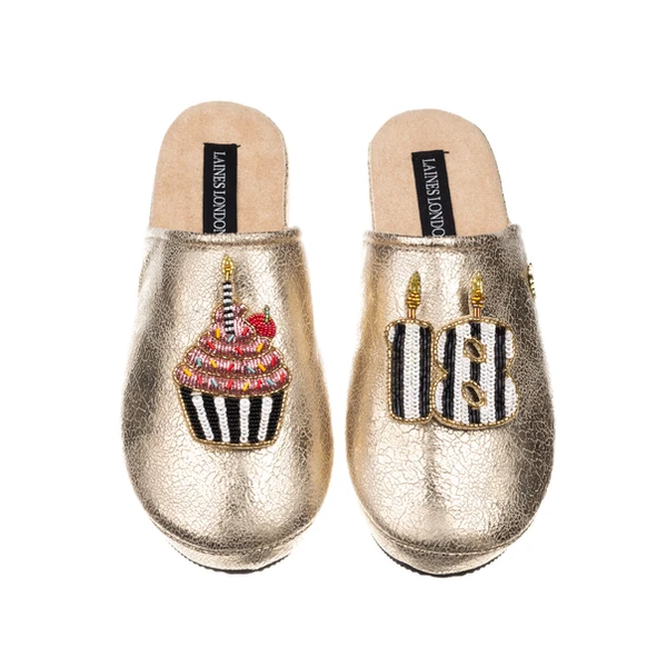 Laines London Laines Gold Softie Slippers With Stripe 18TH Birthday & Cake Brooches