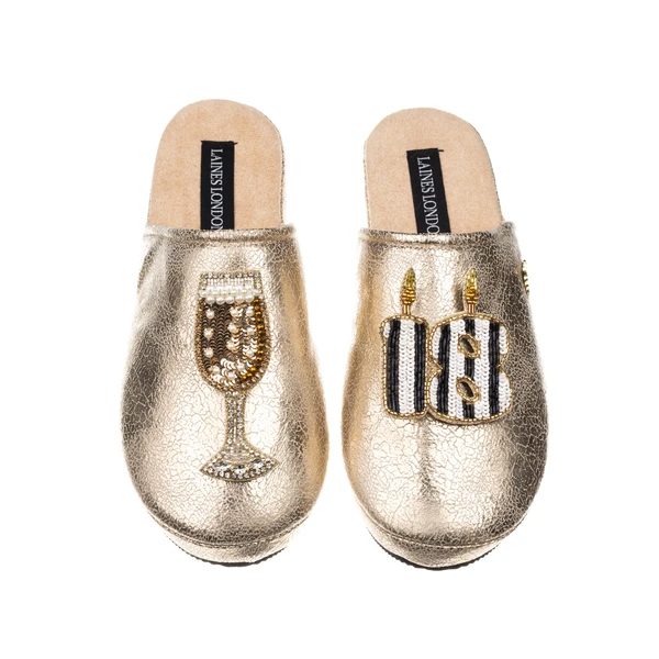 laines london Laines Gold Softie Slippers With Stripe 18TH Birthday & Champagne Brooches