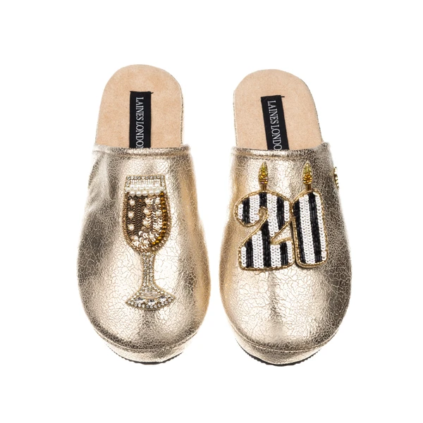 laines london Laines Gold Softie Slippers With Stripe 21ST Birthday & Champagne Brooches