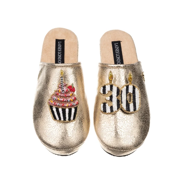 Laines London Laines Gold Softie Slippers With Stripe 30TH Birthday & Cake Brooches