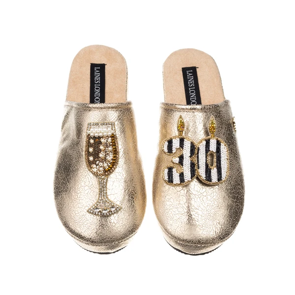 laines london Laines Gold Softie Slippers With Stripe 30TH Birthday & Champagne Brooches