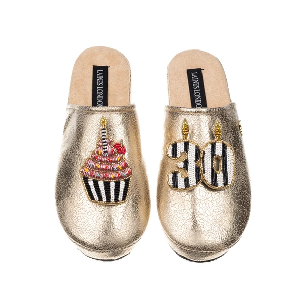 laines london Laines Gold Softie Slippers With Stripe 30TH Birthday & Cake Brooches