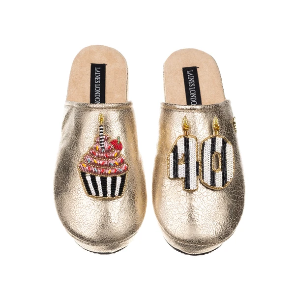 Laines London Laines Gold Softie Slippers With Stripe 40TH Birthday & Cake Brooches