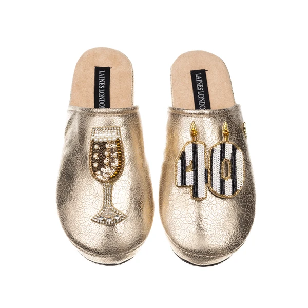 Laines London Laines Gold Softie Slippers With Stripe 40TH Birthday & Champagne Brooches