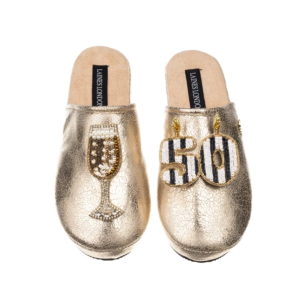 Laines London Laines Gold Softie Slippers With Stripe 50TH Birthday & Champagne Brooches