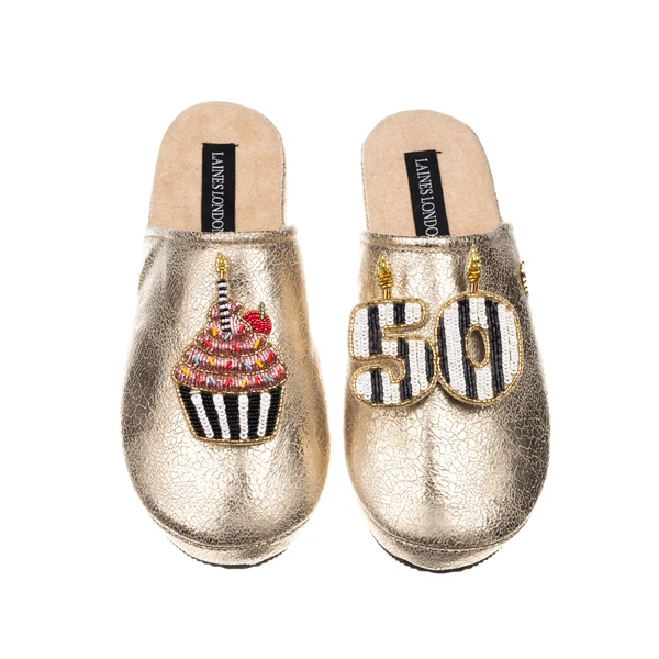 laines london Laines Gold Softie Slippers With Stripe 50TH Birthday & Cake Brooches