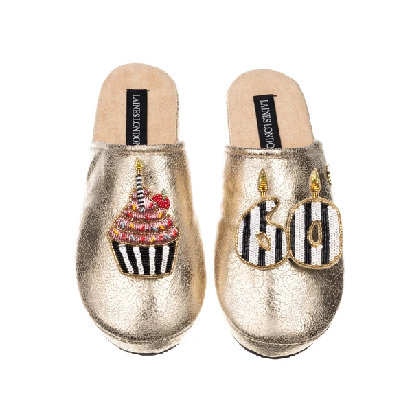 Laines London Laines Gold Softie Slippers With Stripe 60TH Birthday & Cake Brooches