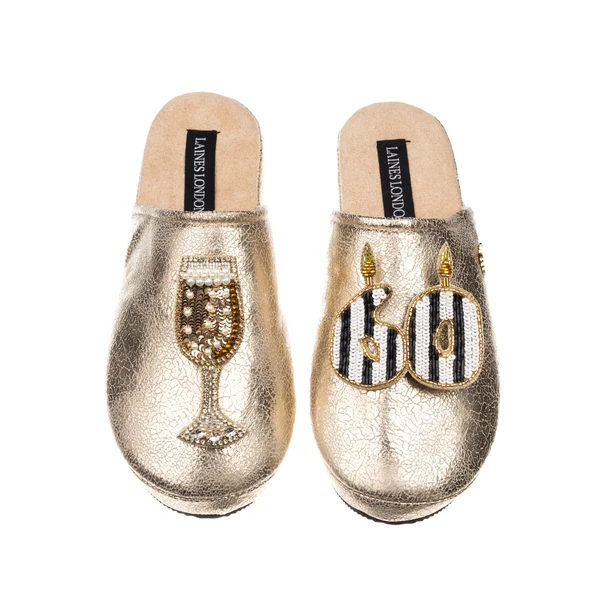 Laines London Laines Gold Softie Slippers With Stripe 60TH Birthday & Champagne Brooches
