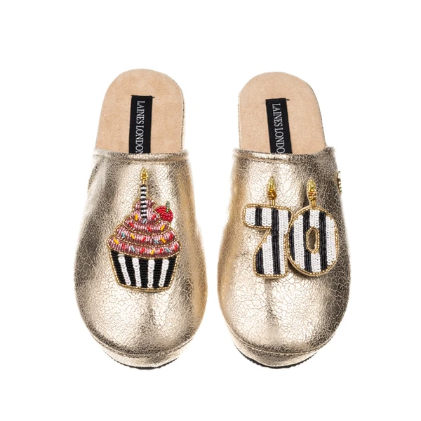 Laines London Laines Gold Softie Slippers With Stripe 70TH Birthday & Cake Brooches