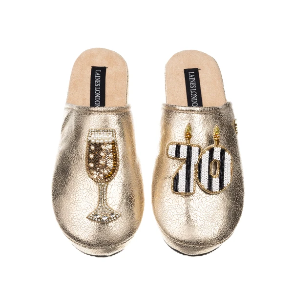 laines london Laines Gold Softie Slippers With Stripe 70TH Birthday & Champagne Brooches