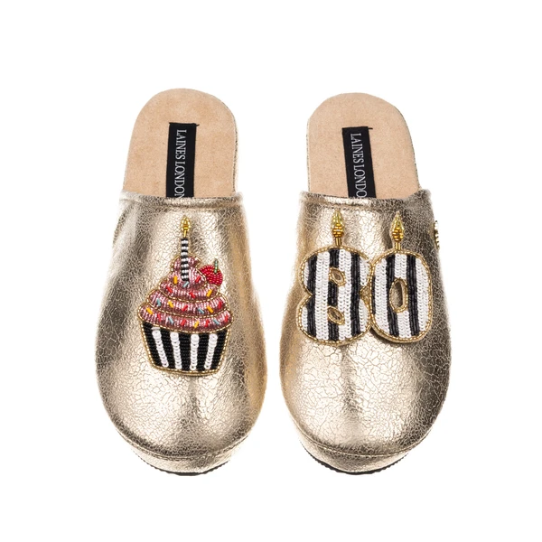 Laines London Laines Gold Softie Slippers With Stripe 80TH Birthday & Cake Brooches