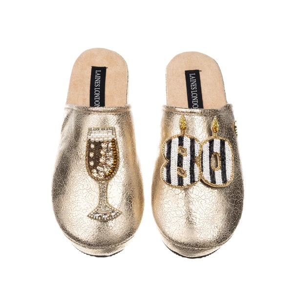laines london Laines Gold Softie Slippers With Stripe 80TH Birthday & Champagne Brooches