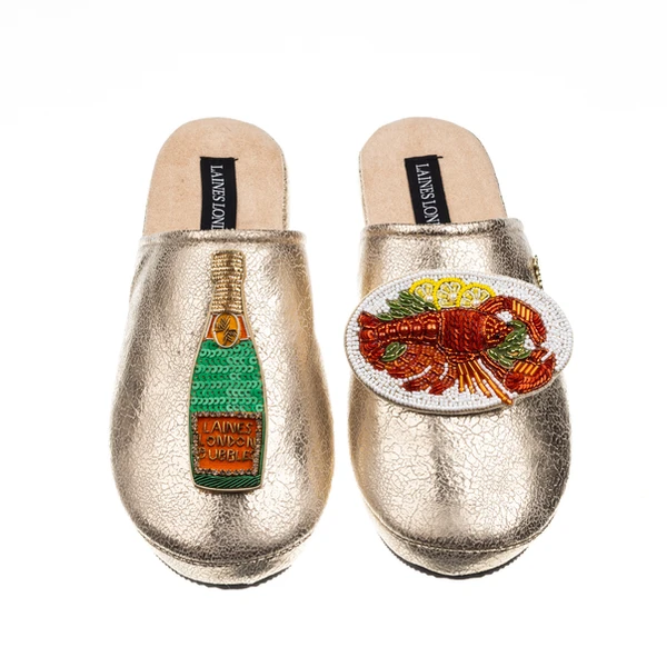 laines london Laines London Gold Softie Slipper With Champagne Bottle & Lobster Platter Brooch