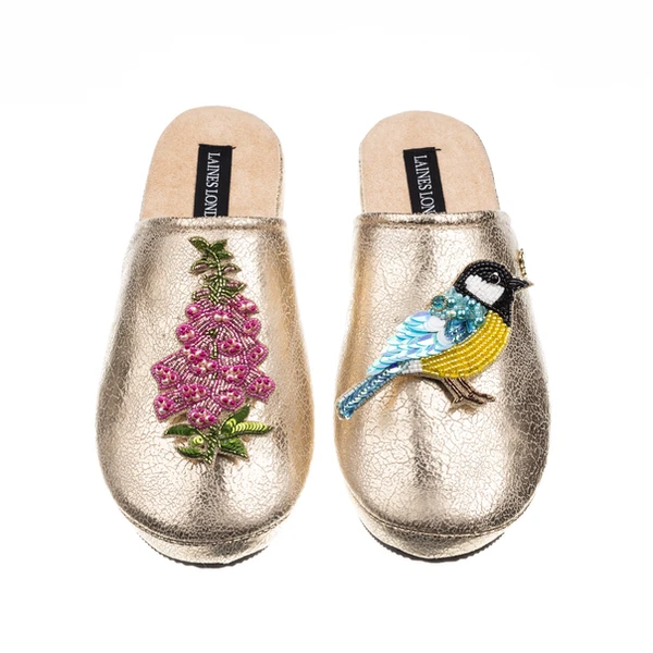 Laines London Laines London Gold Softie Slipper With Pink Foxglove Flowers & Blue Tit Brooches