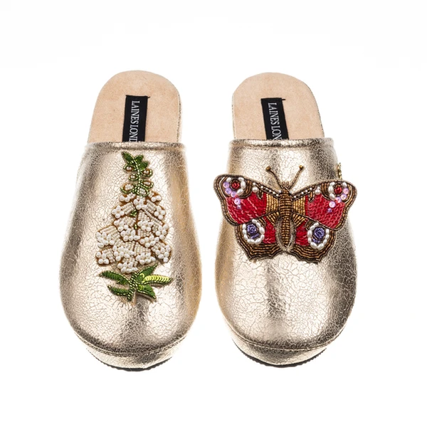 Laines London Laines London Gold Softie Slipper With White Foxglove Flowers & Butterfly Brooch