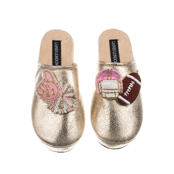 Laines London Laines London Gold Softie Slippers With American Football Brooches