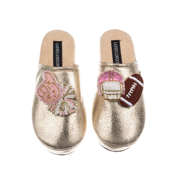 Laines London Laines London Gold Softie Slippers With American Football Brooches