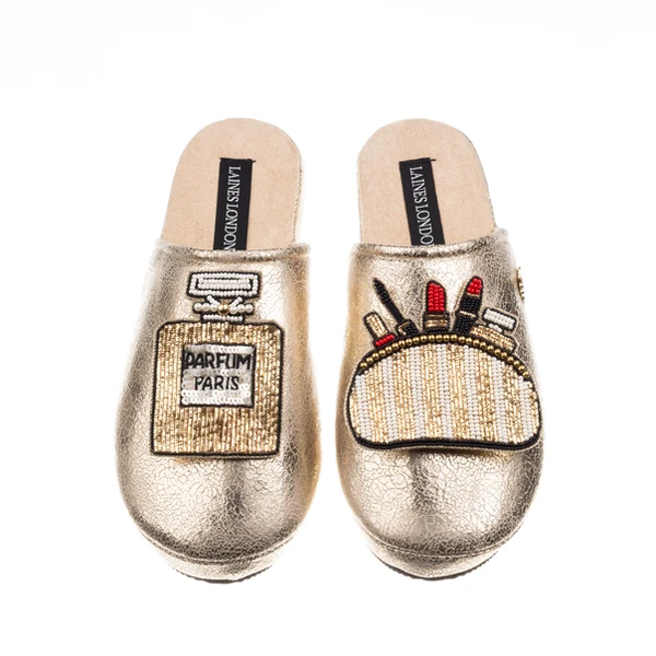Laines London Laines London Gold Softie Slippers With Beauty Queen Brooches