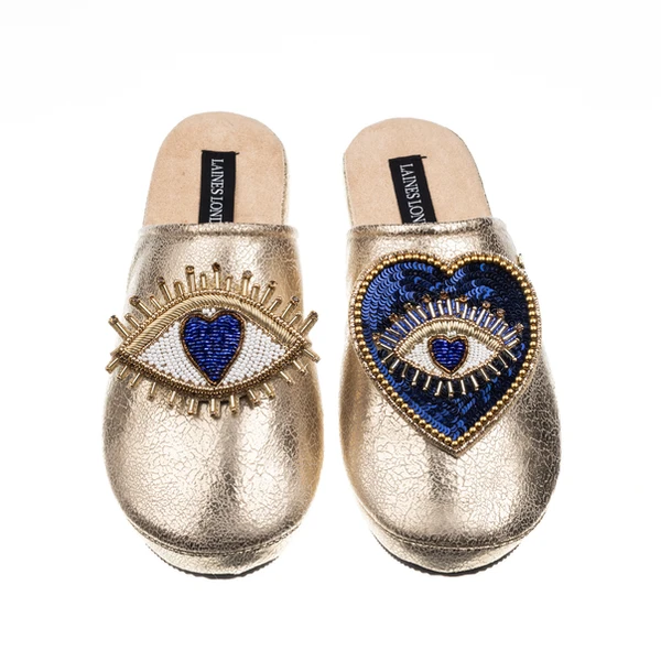 laines london Laines London Gold Softie Slippers With Blue Heart & Love Eye Brooches