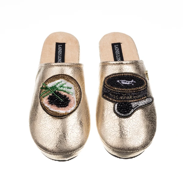 Laines London Laines London Gold Softie Slippers With Caviar & Blini Brooches