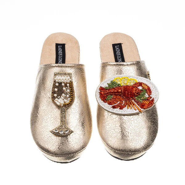 Laines London Laines London Gold Softie Slippers With Champers Glass & Lobster Platter Brooch